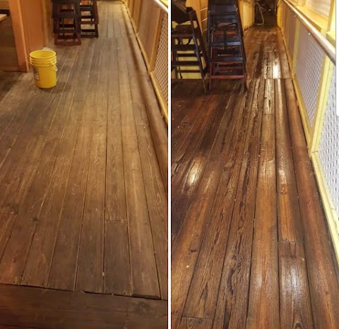 Before and after comparison of a commercial wood floor restored by Clean Sheen